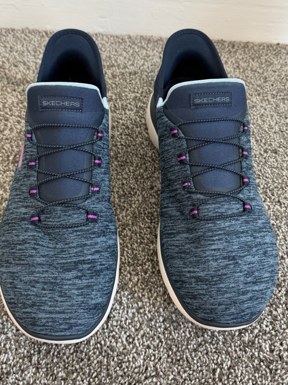 Skechers Heathered Navy Slip-On Sport Sneakers with Pink Accents - Picture 2 of 5